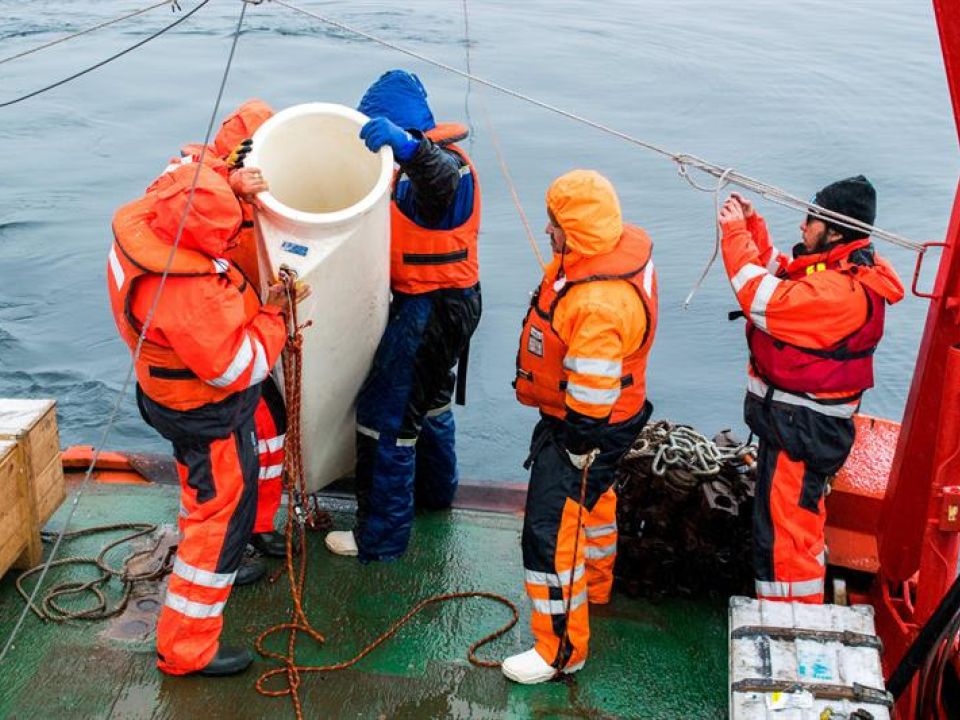 Fotografía cedida por Paulina Möller que muestra científicos del Centro IDEAL de Chile lanzando una trampa de sedimentos con sensores para captar registros de CO2 en la aguas de la bahía Sur de la isla Doumer, en la Antártida (Chile). EFE/Paulina Möller Estudian en la Antártida el ciclo del carbono