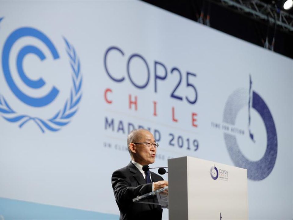 El presidente del Consejo de Administración del Grupo Intergubernamental de Expertos sobre el Cambio Climático, el surcoreano Hoesung Lee da un discurso durante la ceremonia inaugural de la vigésimo quinta conferencia del clima de la ONU (COP25). Efe/Emilio Naranjo Hoesung Lee